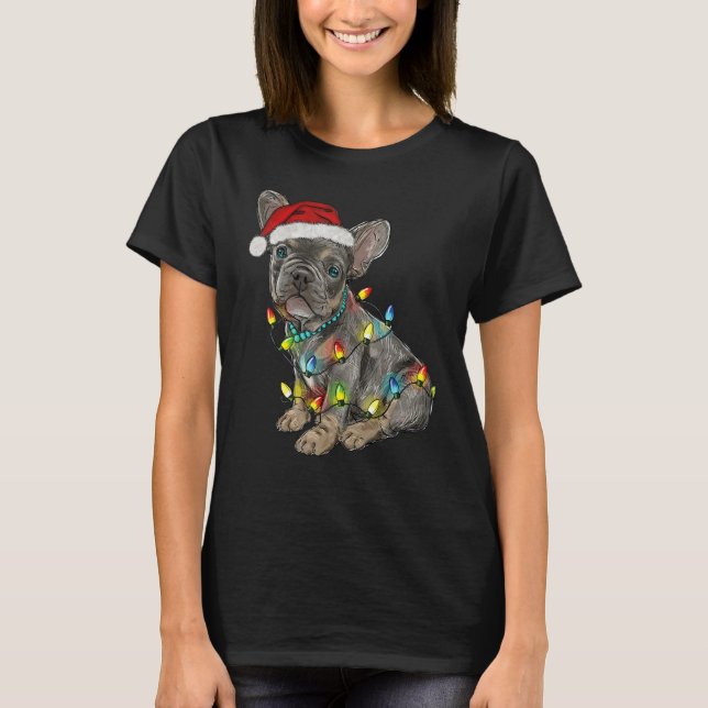 Camiseta French Bulldog Dog Tree Christmas Lights Xmas Paja (Anverso)
