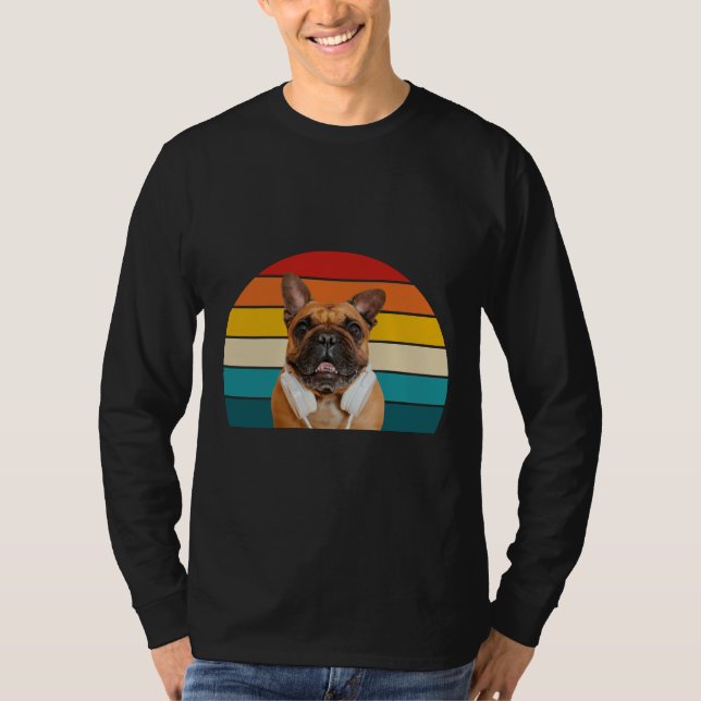 Camiseta French Bulldog Dog Wearing Headphones Retro Sunset (Anverso)