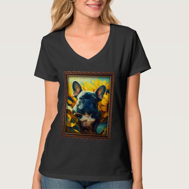 Camiseta French Bulldog Frenchie Painting Sunflower Flower  (Anverso)