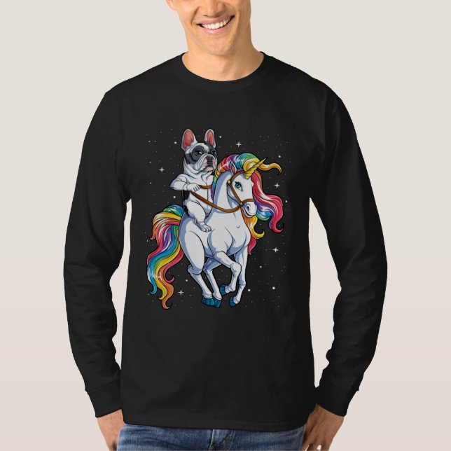 Camiseta French Bulldog Riding Unicorn Girls Rainbow  Galax (Anverso)