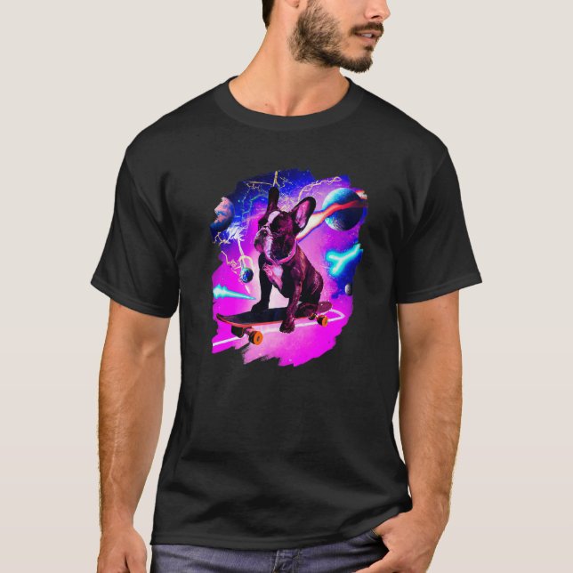 Camiseta Frenchie Bulldog francés Skateboarding Space Retro (Anverso)