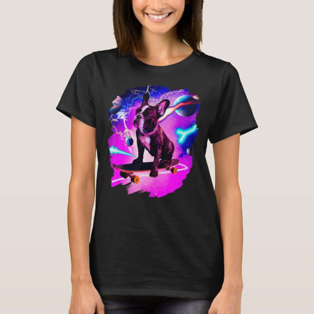 Camiseta Frenchie Bulldog francés Skateboarding Space Retro (Anverso)