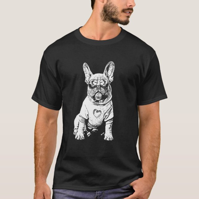 Camiseta Frenchie Dog Sunglasses Cool Black White Dog Motif (Anverso)