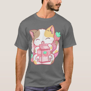 Camiseta Fresa Gato Gato Fresa Sacudir Kawaii Neko A