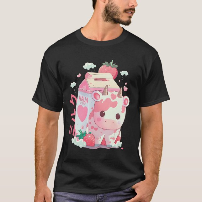 Camiseta Fresa Leche Leche Agitar Vaca Cartón Cute Kawaii J (Anverso)