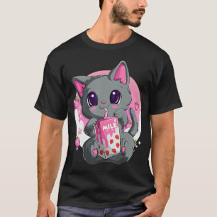 Camiseta Fresa Leche Para Mujeres Chicas Kawaii Anime Cat