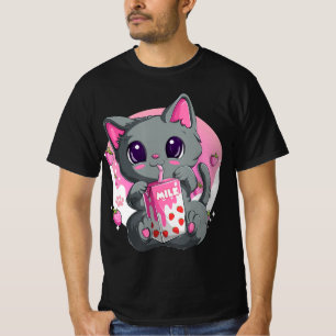 Camiseta Fresa Leche Para Mujeres Chicas Kawaii Anime Cat