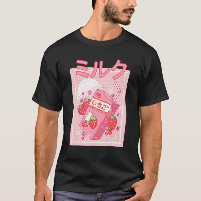 Camiseta Fresa temblor de leche Cartón Retro japonés rosa (Anverso)
