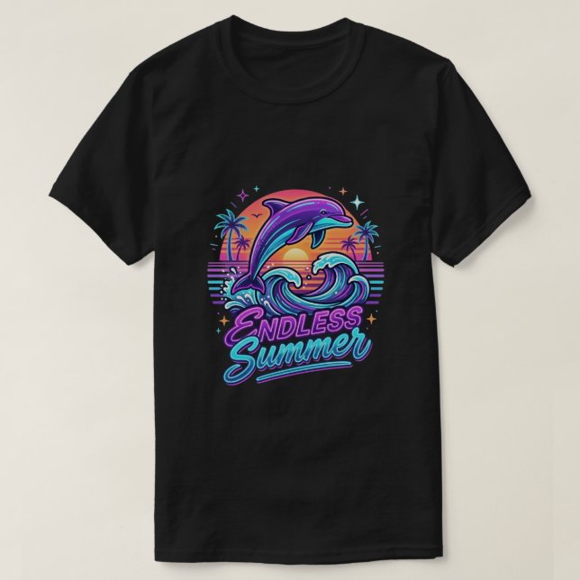 Camiseta Fresca Playa de Delfines Verano sin Fin Retro Neon (Diseño del anverso)