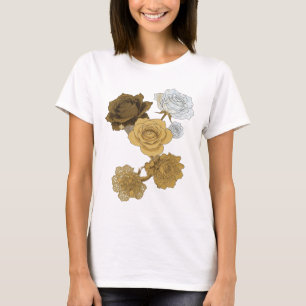 Camiseta Frescas Rosas Doradas Grises Arte de Texto 3D