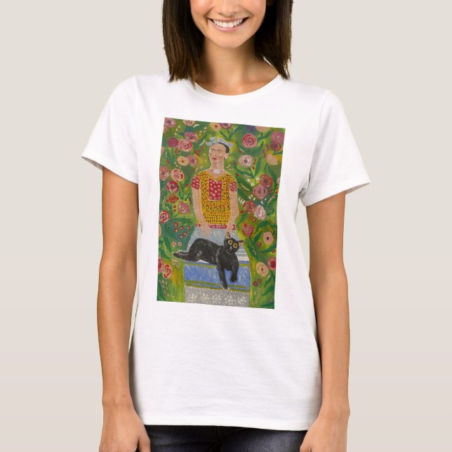 Camiseta Frida Kahlo y su gato negro entre los Rosas (Anverso)