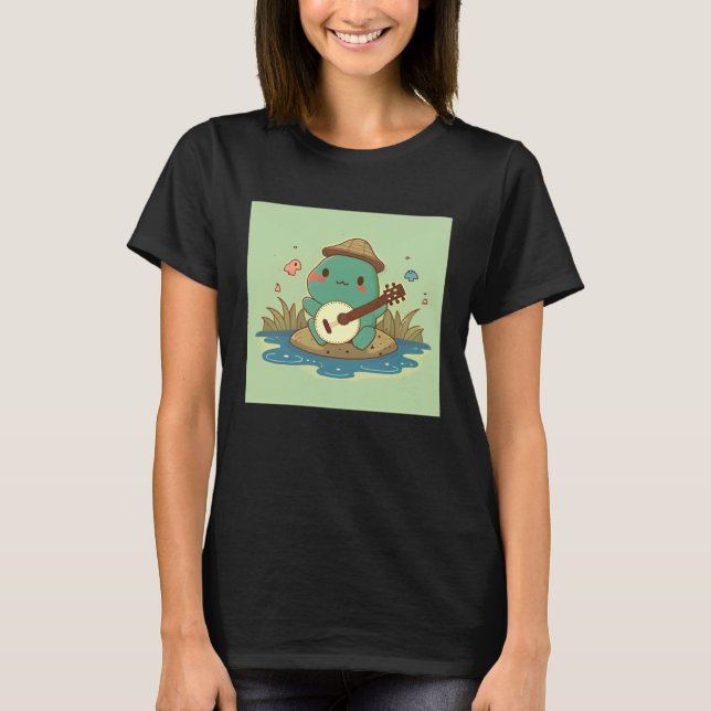 Camiseta Frog wearing cute hat playing banjo in pond with b (Anverso)