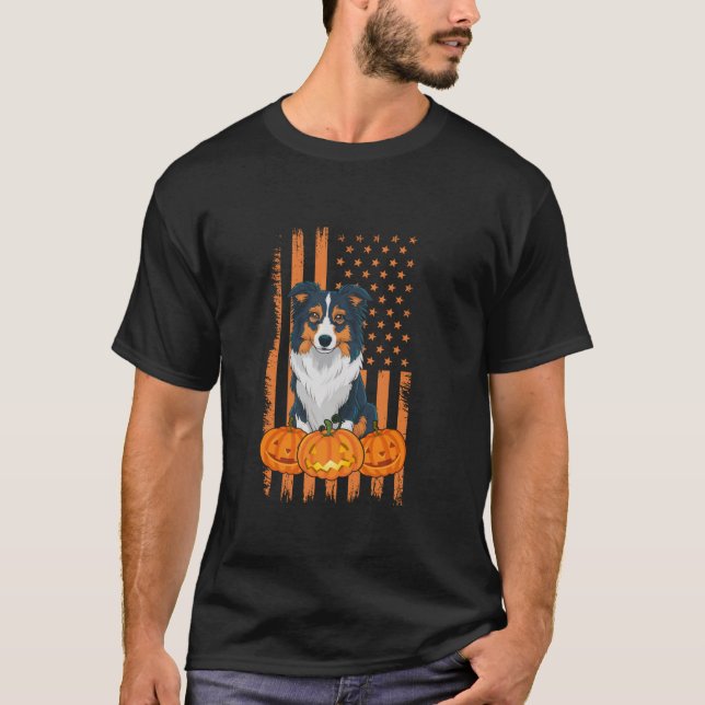 Camiseta Frontera Collie Perro Bandera Americana Halloween  (Anverso)