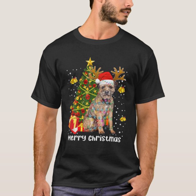 Camiseta Frontera Terrier Santa Árbol de Navidad alumbran N (Anverso)