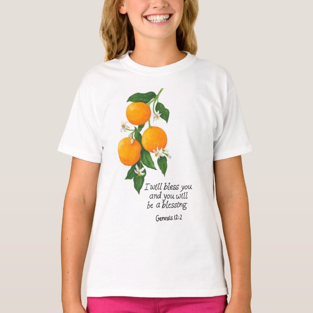Camiseta Fruta Naranja Génesis 12:2 (Anverso)