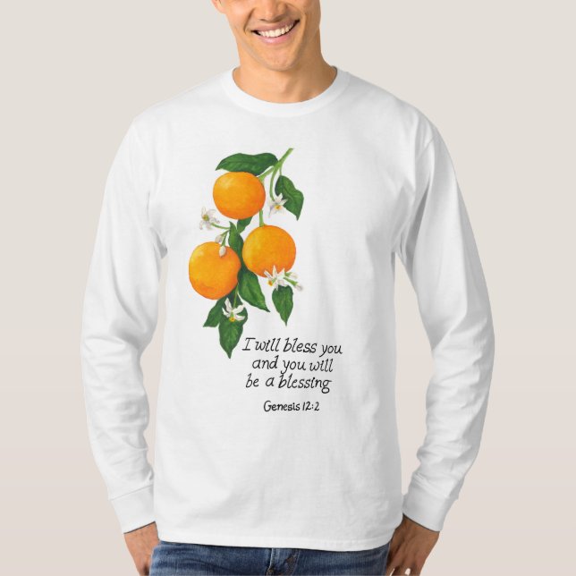 Camiseta Fruta Naranja Génesis 12:2 (Anverso)