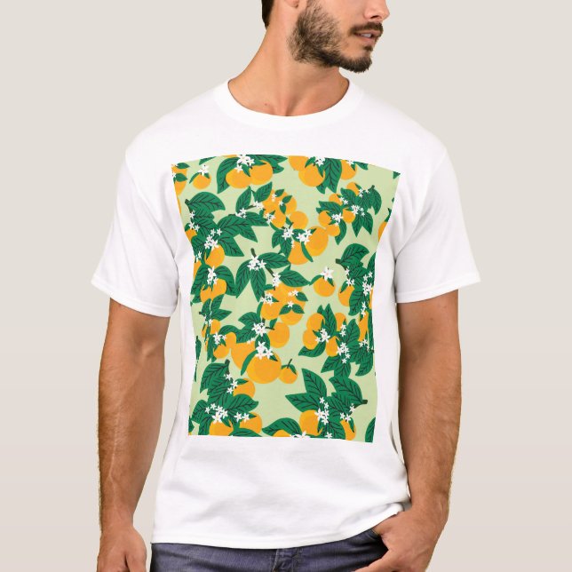 Camiseta fruta naranja: patrón de cosecha verde. (Anverso)
