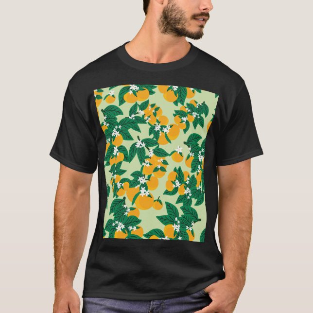 Camiseta fruta naranja: patrón de cosecha verde. (Anverso)