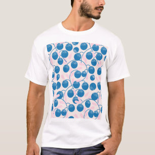 Camiseta Frutas azules, hojas rosas, diseño sin fisuras.