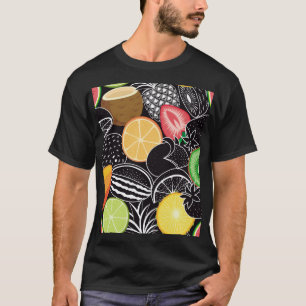 Camiseta Frutas tropicales coloridas, fondo negro.