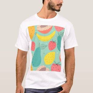 Camiseta Frutos dibujados a mano, decoración sin costuras.
