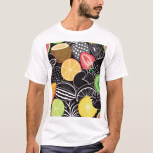 Camiseta Frutos tropicales coloridos, fondo negro.