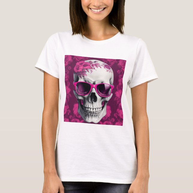 Camiseta Fuchsia Floral 3D Cráneo Muerto usando gafas de so (Anverso)