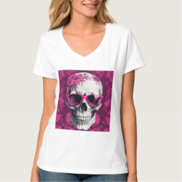 Camiseta Fuchsia Floral 3D Cráneo Muerto usando gafas de so