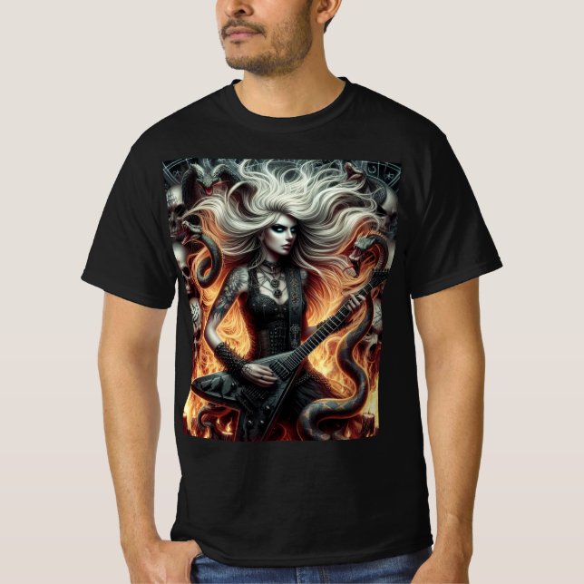 Camiseta Fuego y Metal: La Guitarrista del Infierno (Anverso)