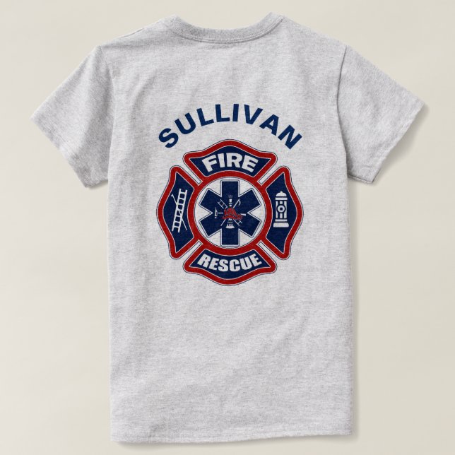 Camiseta Fuego y rojo y azul del rescate (Reverso del diseño)