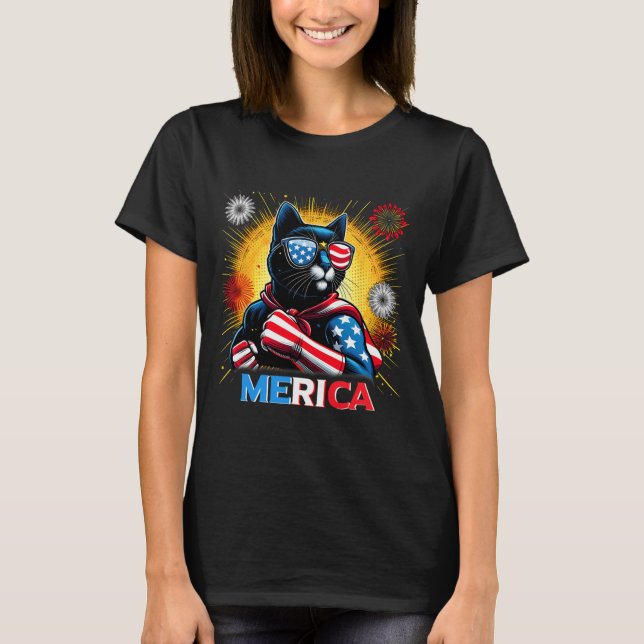 Camiseta Fuegos artificiales Bandera Estadounidense Gato Ne (Anverso)