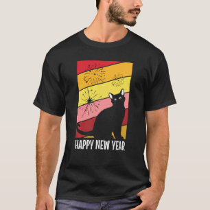 Camiseta Fuegos artificiales de gato negro Feliz año nuevo 