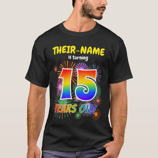 Camiseta Fuegos artificiales divertidos, arcoiris "15", dec (Anverso)