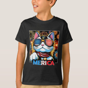 Camiseta Fuegos artificiales Patriótico Maneki Neko Cat Mer