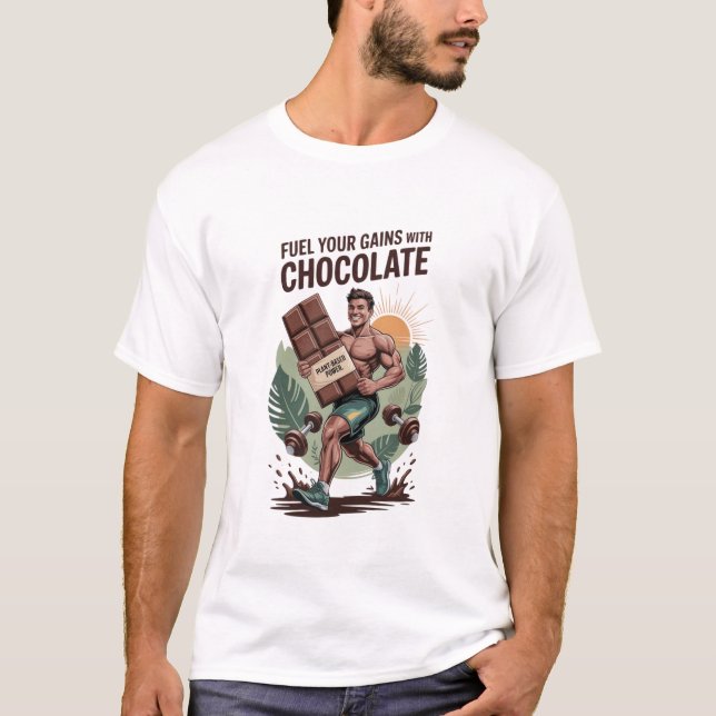 Camiseta Fuel Your Gains with Chocolate T-Shirt Funny Vegan (Anverso)