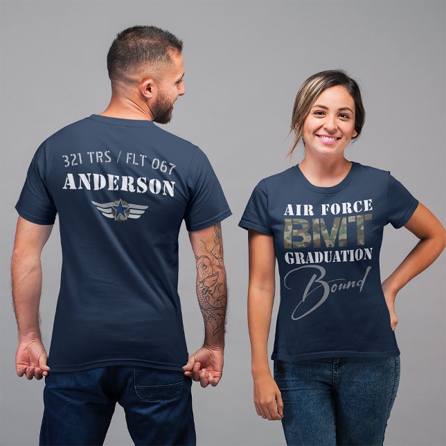 Camiseta Fuerza Aérea BMT Graduación Bound Military Front B (Air Force BMT Graduation Bound, basic military training front and back travel t-shirt, TRS FLT name )