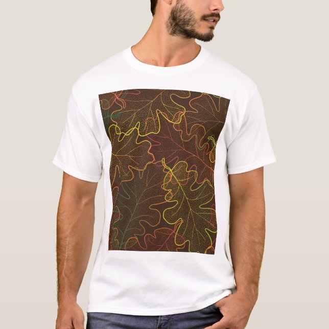 Camiseta Fugas transparentes de roble, patrón otoño. (Anverso)