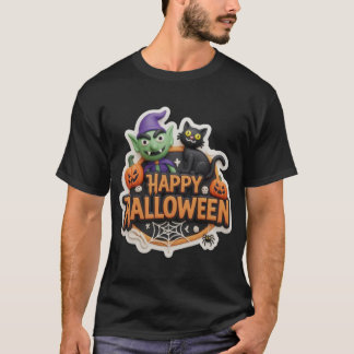 Camiseta Fun 3D Happy Halloween sign with goblin black cat