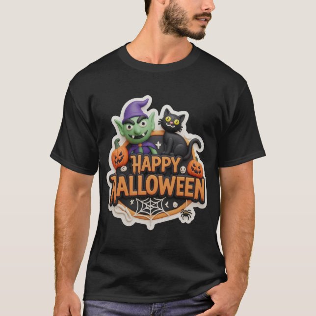 Camiseta Fun 3D Happy Halloween sign with goblin black cat  (Anverso)