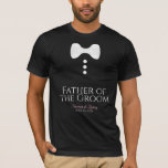 Camiseta Fun Father of the Groom White Tie Wedding T-shirt<br><div class="desc">These fun t-shirts are designed as favors or gifts for the father of the groom. The t-shirt is black and features an image of a white bow tie and three buttons. The text reads Father of the Groom, and has a place for the wedding couple's name and wedding date. Great...</div>