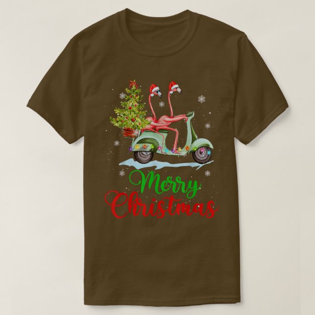 Camiseta Fun Flamingo Santa Hat Xmas Luz Motobike Navidad (Diseño del anverso)