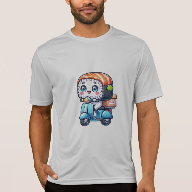 Camiseta Fun Kawaii Sushi en una moto de reparto (Anverso)