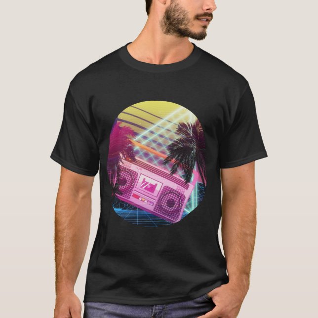 Camiseta Funky boombox rosa de los 80 con palmeras (Anverso)