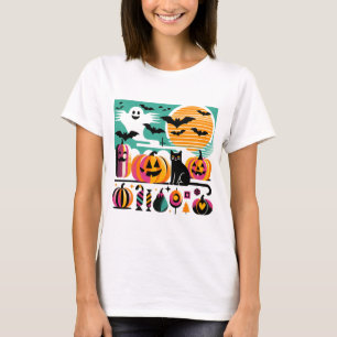 Camiseta Funky Retro Wave Halloween Pumpkin Black Cat Ghost