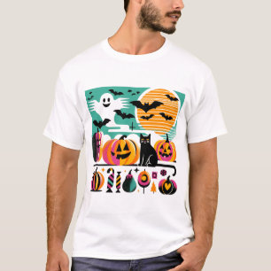 Camiseta Funky Retro Wave Halloween Pumpkin Black Cat Ghost