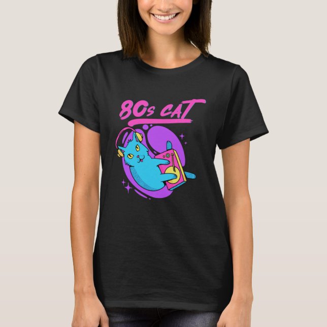 Camiseta Funny 80 DJ de música Cat Ochties Retro Vaporwave  (Anverso)