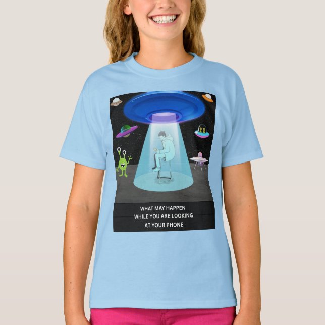 Camiseta Funny Alien Abduction Phone Distraction Sci-Fi  (Anverso)