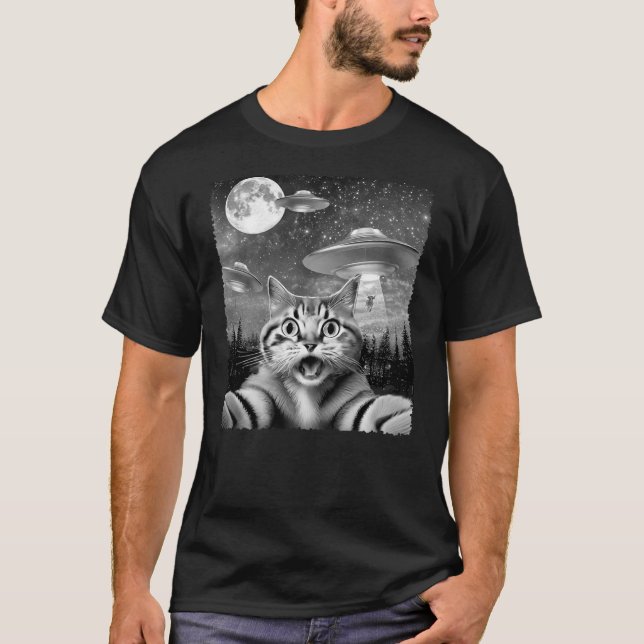 Camiseta Funny Alien Cat Selfie with UFOs Gift Idea Men Wom (Anverso)