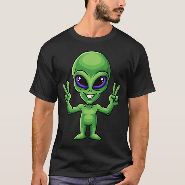 Camiseta Funny Alien Peace Symbol Smiling Humor Cute UFO  (Anverso)