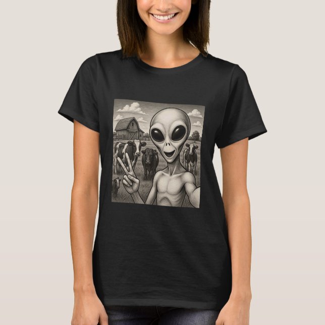 Camiseta Funny Alien Selfie With Cows UFO Sci-Fi Humor (Anverso)